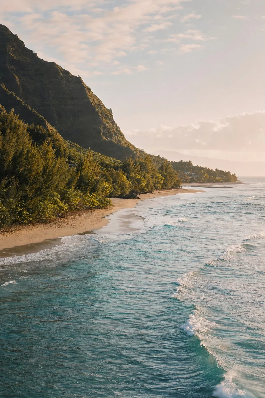 Ruhige Küste auf Hawaii mit grünen Hängen und langen Wellen
